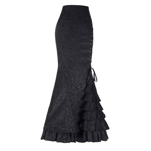 Women Punk Chinese Jacquard Long Skirt Gothic Fishtail Layered Ruffle Lace-up L - Picture 1 of 8